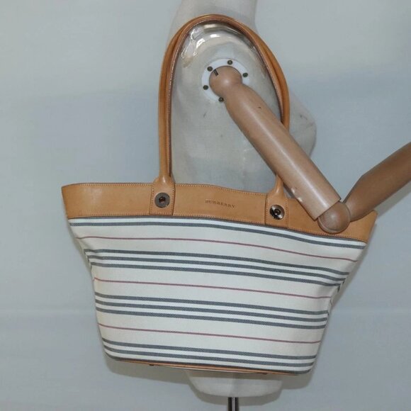 BURBERRY Shoulder Bag Canvas White Silver Auth - Picture 1 of 16